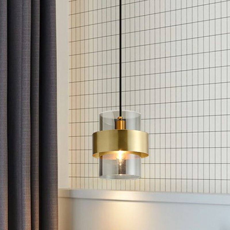 Smoke Grey Glass Cylinder Pendant Light - Brass Single Postmodern Bedroom Down Lighting