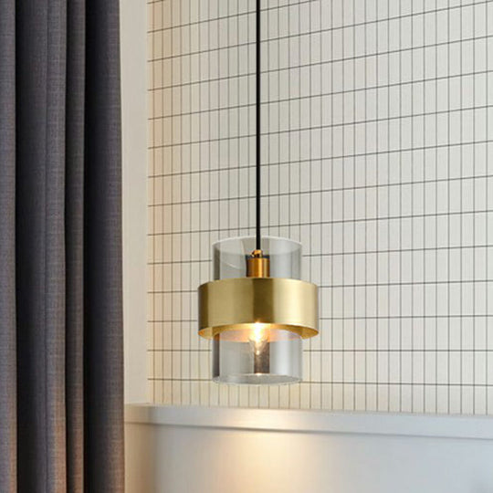 Smoke Grey Glass Cylinder Pendant Light With Brass Postmodern Design For Bedroom Down Lighting