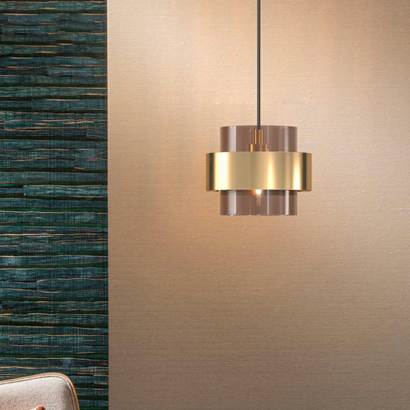 Nordic Cognac Glass Pendant Light With Gold Ring Guard