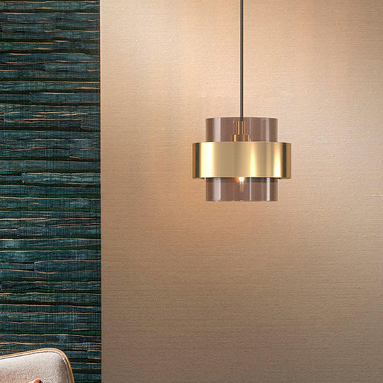 Nordic Cognac Glass Pendant Light With Gold Ring Guard