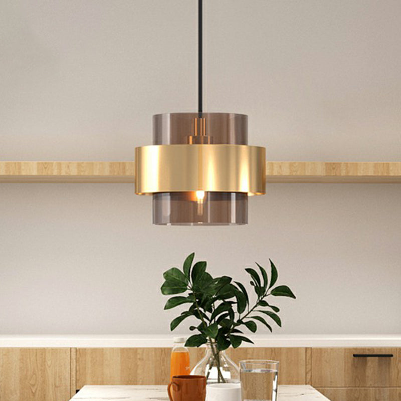 Nordic Cognac Glass Pendant Light With Gold Ring Guard
