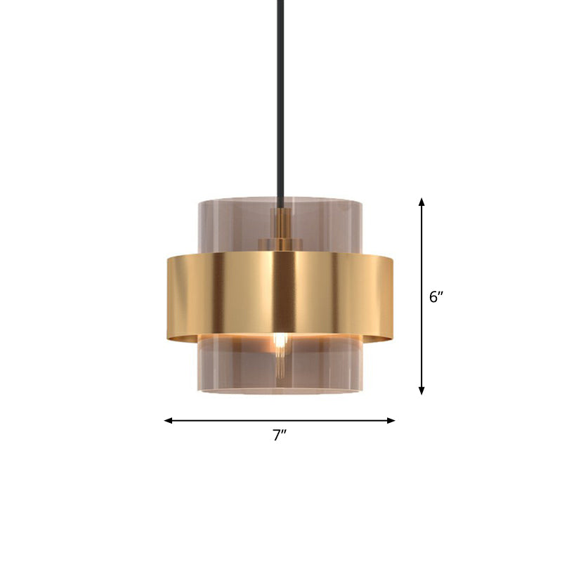 Cognac Glass Pendant Light Fixture With Nordic Design And Gold Ring Guard
