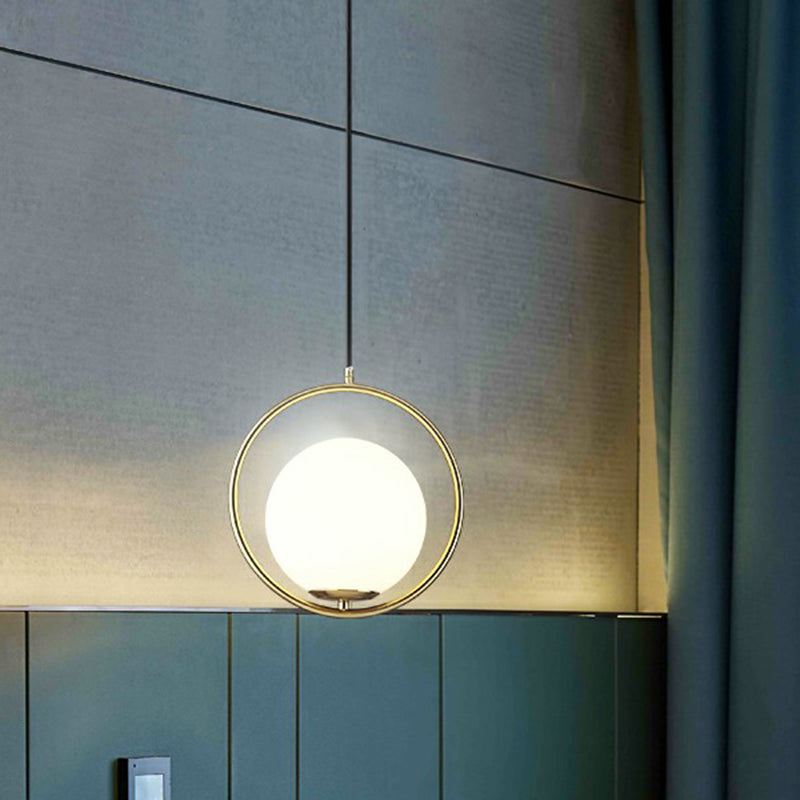 Globe Milky Glass 1-Bulb Pendant Light With Brass Loop – Modern Dining Room Suspension Lamp