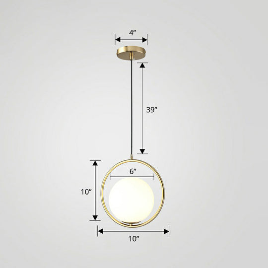 Modern Milky Glass Pendant Light With Brass Loop - Globe Dining Room Suspension Lamp 1 Bulb