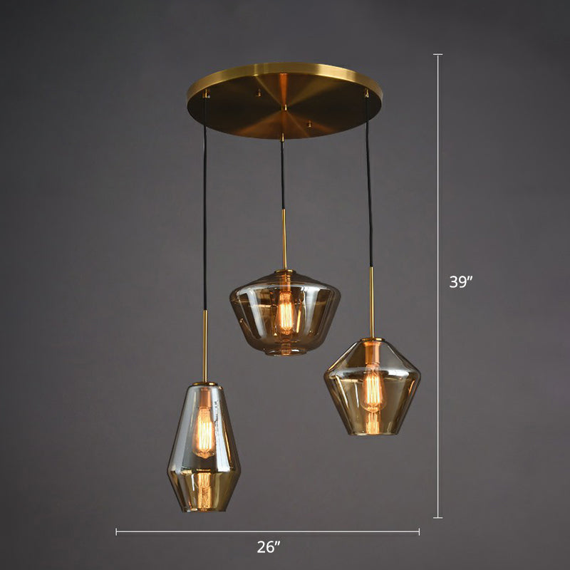 Modern 3-Bulb Brass Geometric Pendant Light With Glass Shade Amber / Round