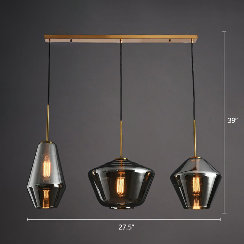 Modern Brass Pendant Light With Glass Shades - 3 Bulb Cluster Ceiling Suspension Smoke Gray / Linear