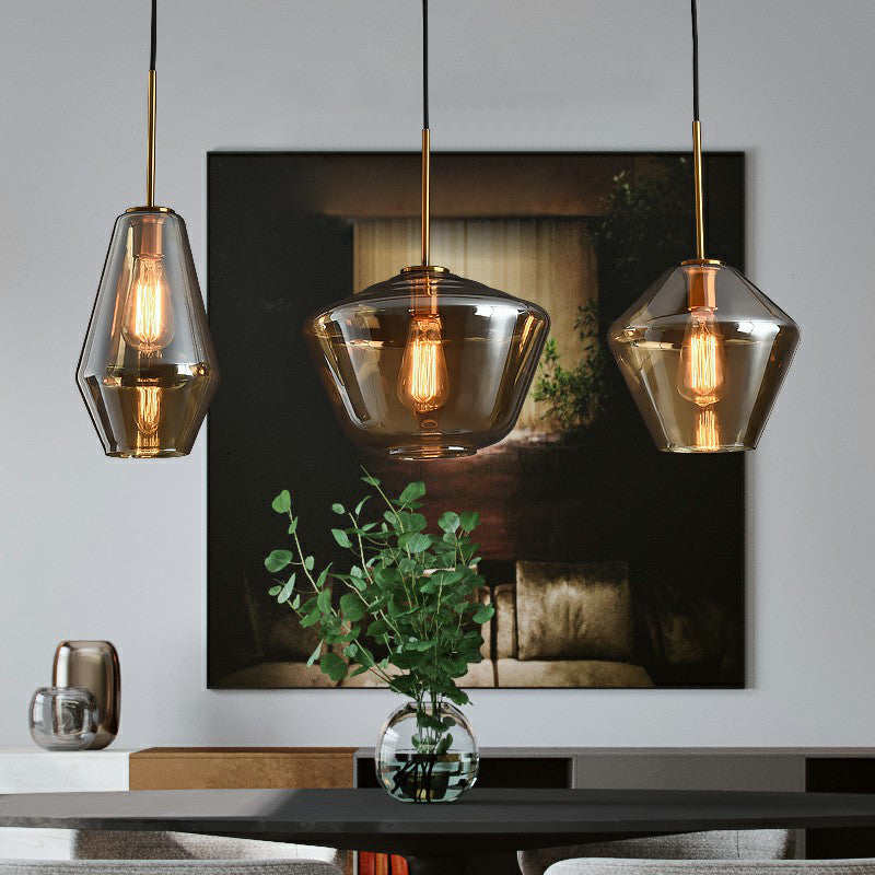 Modern 3-Bulb Brass Geometric Pendant Light With Glass Shade