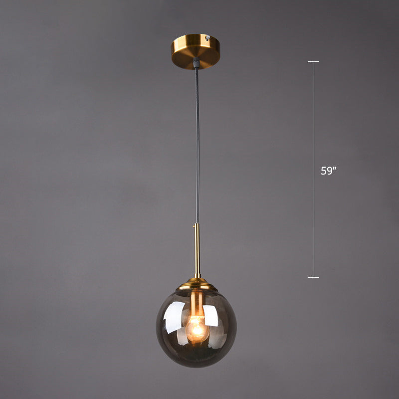 Brass Bedside Pendant Light: Postmodern Blown Glass Sphere | 1-Bulb Hanging Ceiling Fixture Smoke