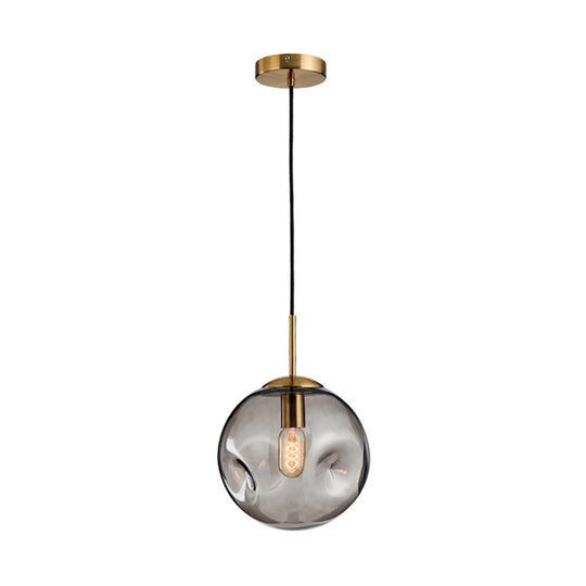 Dimpled Glass Globe Pendant Lamp: Postmodern Brass Hanging Light For Bedroom Smoke Gray