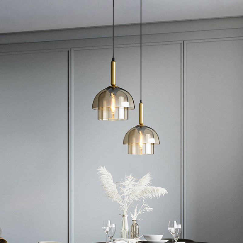 Postmodern Brass Pendant Light Fixture With Cognac Glass Shades - Ideal For Dining Rooms