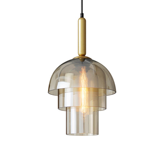Postmodern Cognac Glass Pendant Light Fixture - Brass 3-Shade 1 Bulb Ideal For Dining Room Hanging