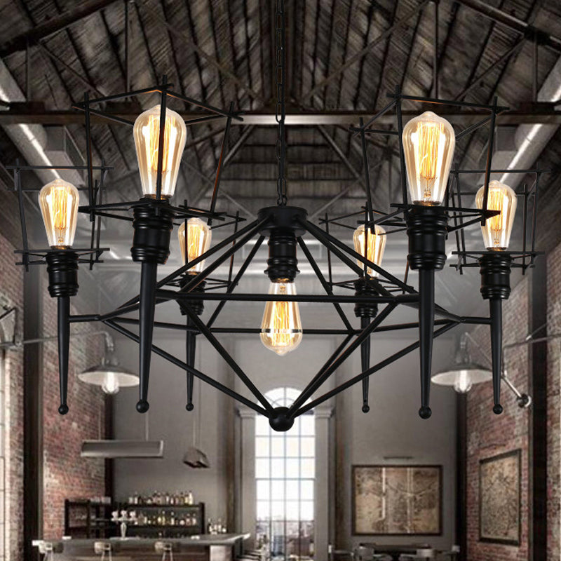 Industrial Black Iron Multi-Light Cage Pendant Chandelier For Restaurants