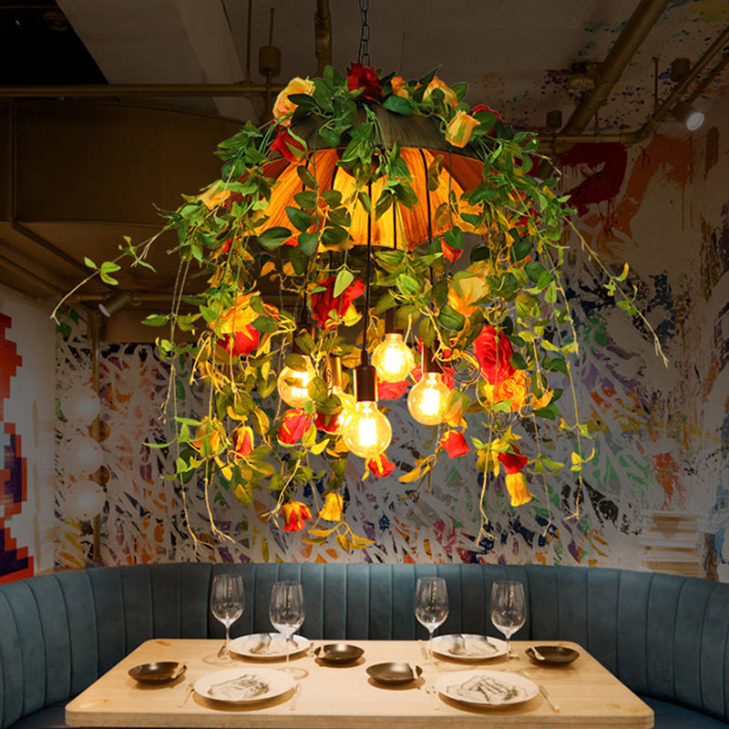 Rustic Metal Dome Chandelier - Orange 5-Bulb Pendant Lighting With Artful Floral And Leaf Design