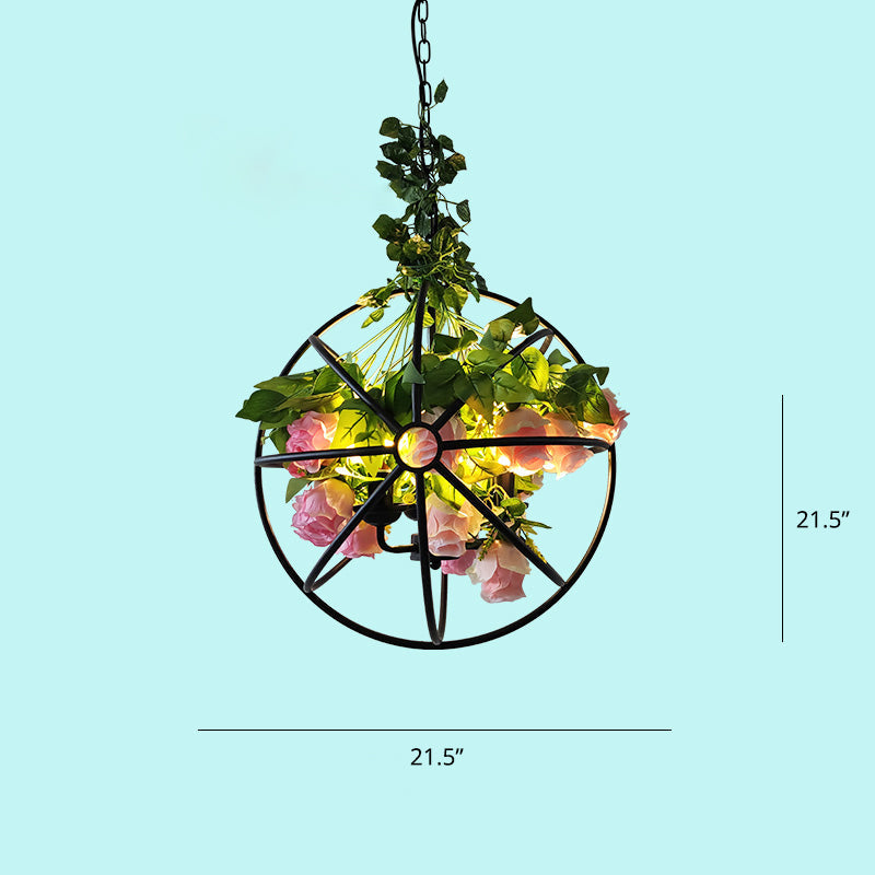 Industrial Metal Restaurant Chandelier With Artificial Plants - Suspended Lighting Green-Pink