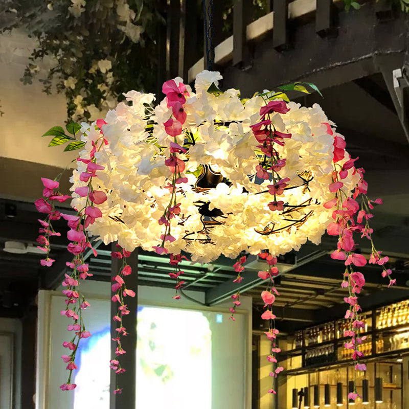 Round Cage Pendant Lamp With Floral Accents - Rustic Metal Chandelier 3 Lights