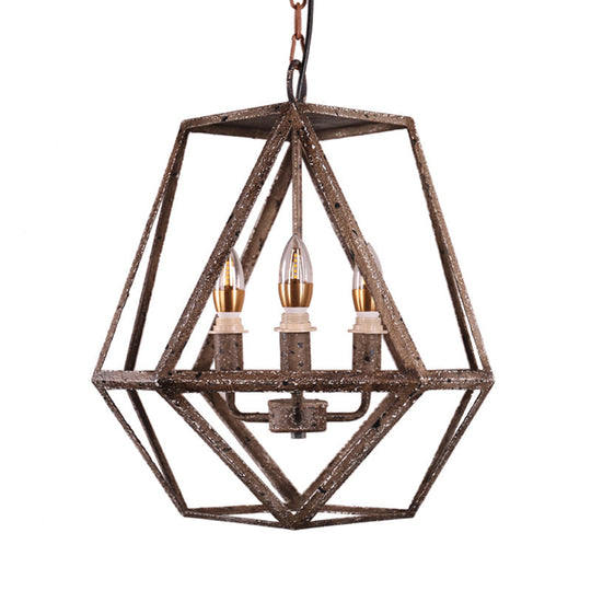 Metal Prismatic Cage Pendant Lamp: Rustic Stylish 3-Heads Chandelier Light Fixture With Adjustable