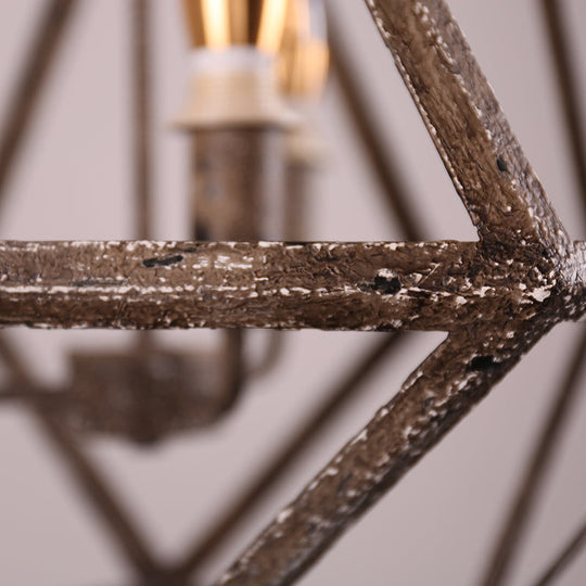 Metal Prismatic Cage Pendant Lamp: Rustic Stylish 3-Heads Chandelier Light Fixture With Adjustable