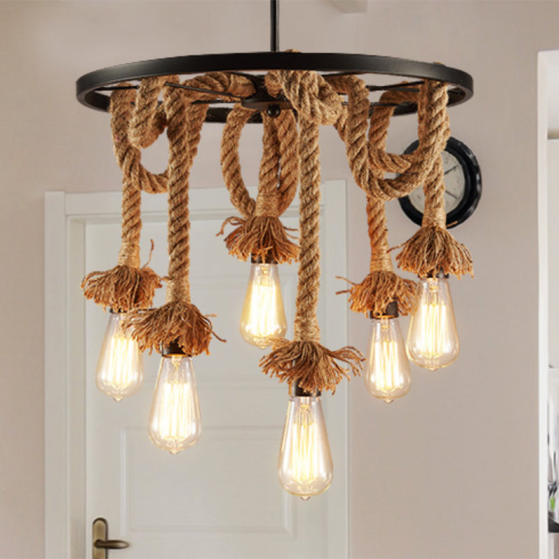 Rustic Hand-Wrapped Rope Chandelier With Decorative Wheel In Brown