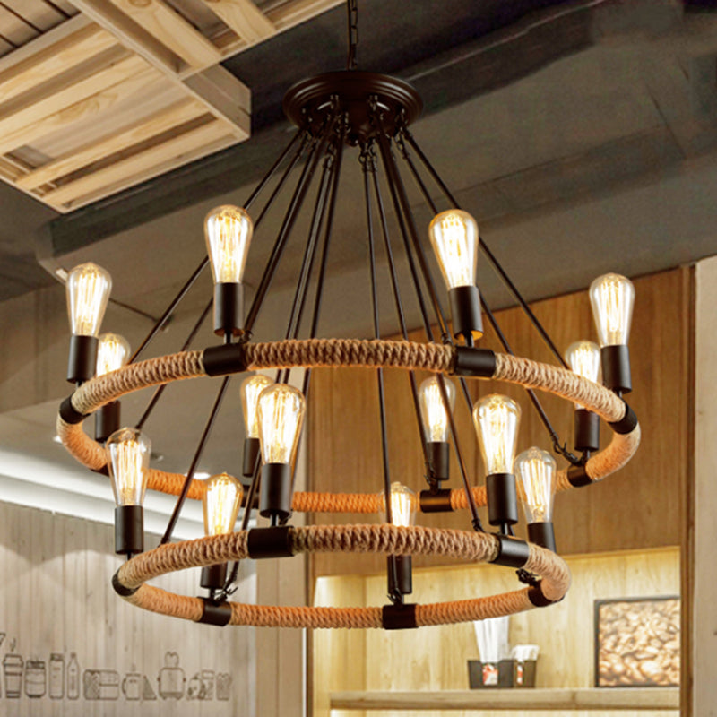 Country Style 14-Head Circular Roped Pendant Chandelier In Brown