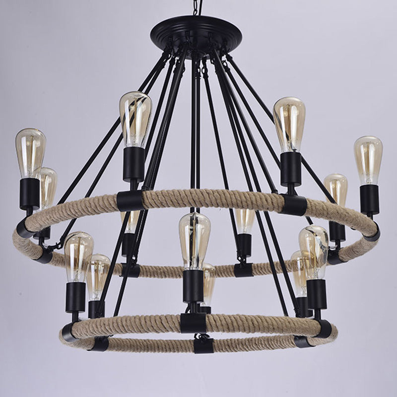 Country Style 14-Head Circular Roped Pendant Chandelier In Brown