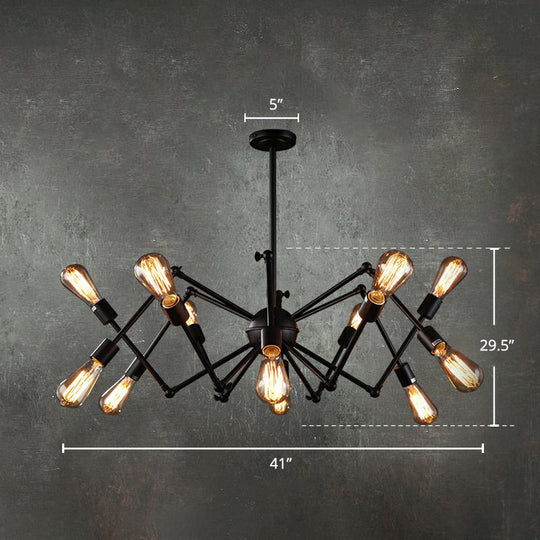 Iron Exposed Bulb Chandelier - Loft Style Restaurant Hanging Lamp With Swing Arm In Black 12 /
