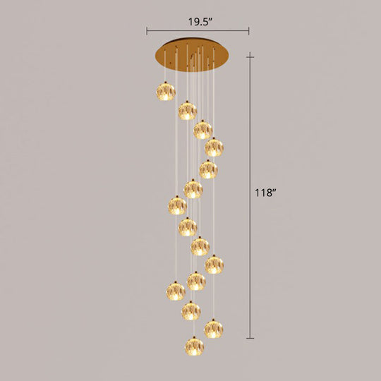 Golden Cluster Pendant Light With Faceted Cut Crystal Ball Design For Stairway Illumination 15 /