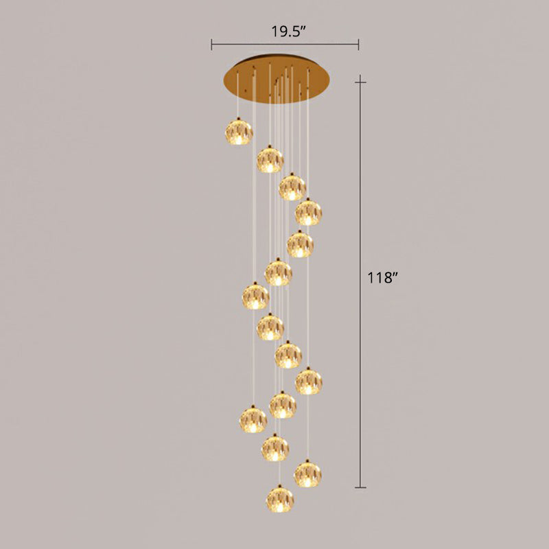 Minimalist Golden Crystal Ball Pendant Light For Stairs - Faceted Cut Ceiling Lamp Cluster 15 / Gold