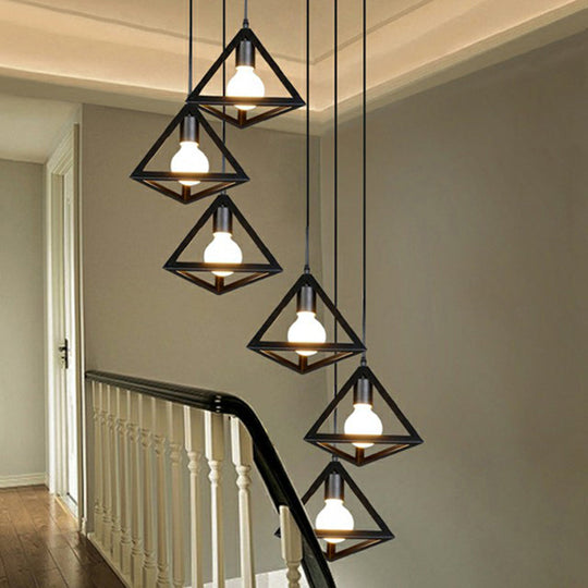 Cluster Pendant Cage Lamp: Loft Style Stairs Ceiling Light With 6 Metal Shades In Black