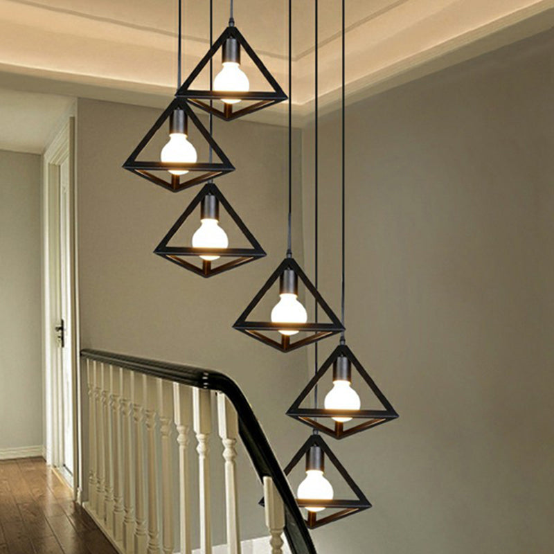 Black Tetrahedron Metal Shade 6-Light Cluster Pendant For Stairs Ceiling Loft Style