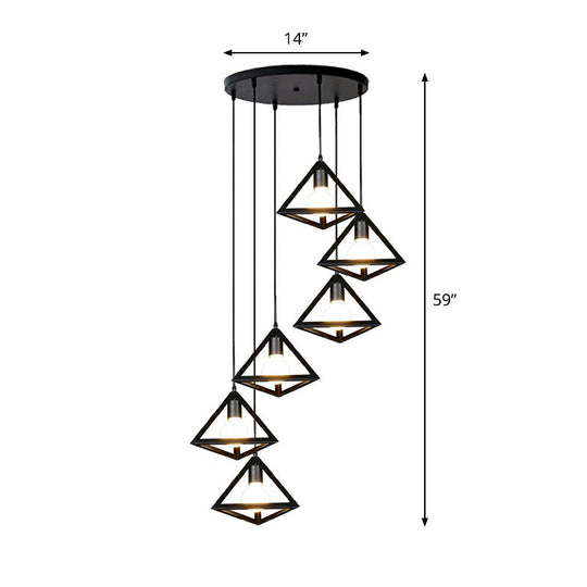 Cluster Pendant Cage Lamp: Loft Style Stairs Ceiling Light With 6 Metal Shades In Black