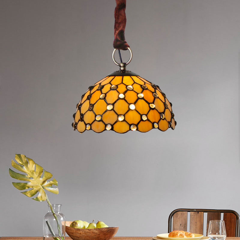 Beige Tiffany Glass Bowl Suspension Lamp: Elegant 1-Bulb Ceiling Light Fixture With Jewel Deco