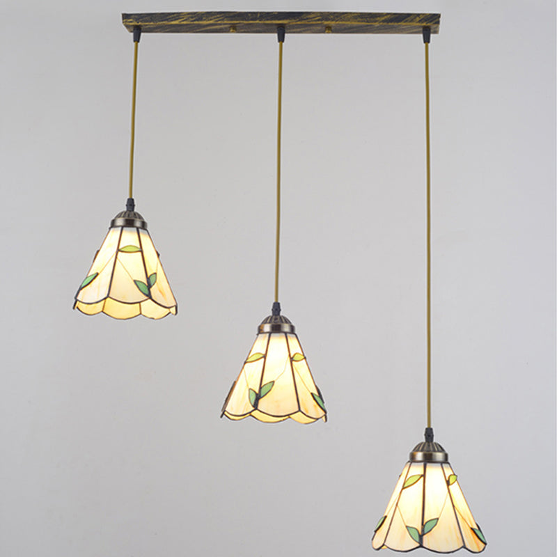 Beige Tiffany Stained Glass Suspension Lighting - 3-Bulb Cluster Pendant For Dining Room / Linear