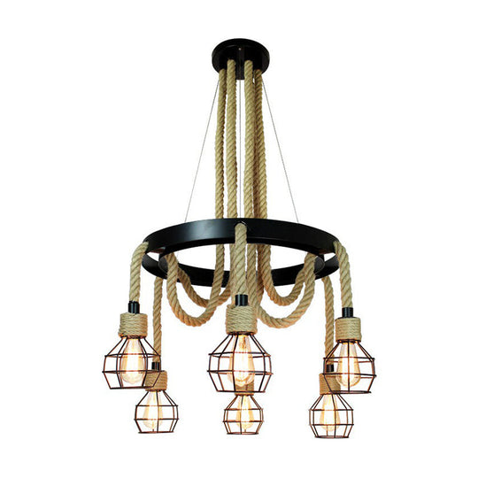 Industrial Iron Cage Chandelier With Hemp Rope - Black 6-Light Pendant Light For Dining Room