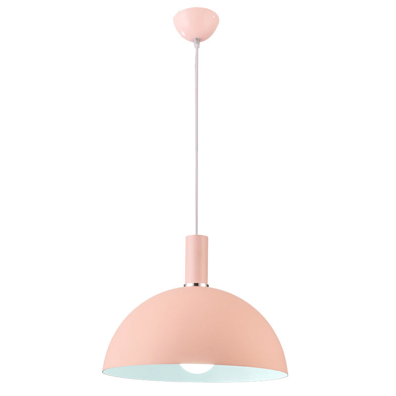 Nordic 1-Head Aluminum Hemisphere Pendant Light With Inner Pendulum - Pink And White Ideal For