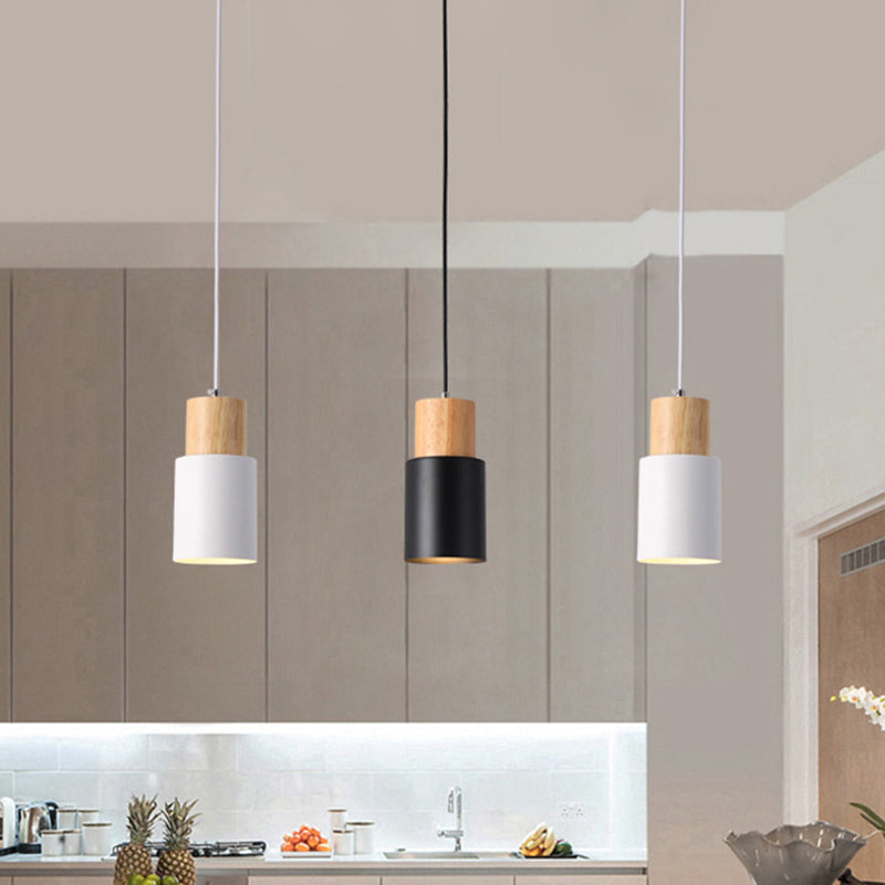 Modern Tubular Pendant Spotlight: Metal 1-Light Bedside Hanging Lamp With Wooden Top