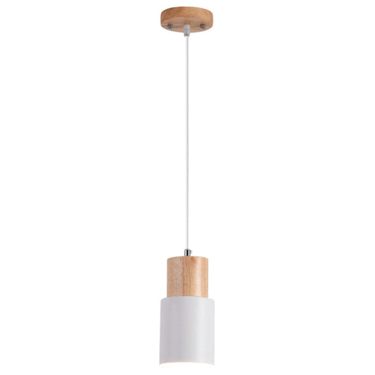 Modern Tubular Pendant Spotlight: Metal 1-Light Bedside Hanging Lamp With Wooden Top