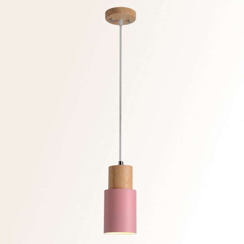 Modern Tubular Pendant Spotlight: Metal 1-Light Bedside Hanging Lamp With Wooden Top Pink