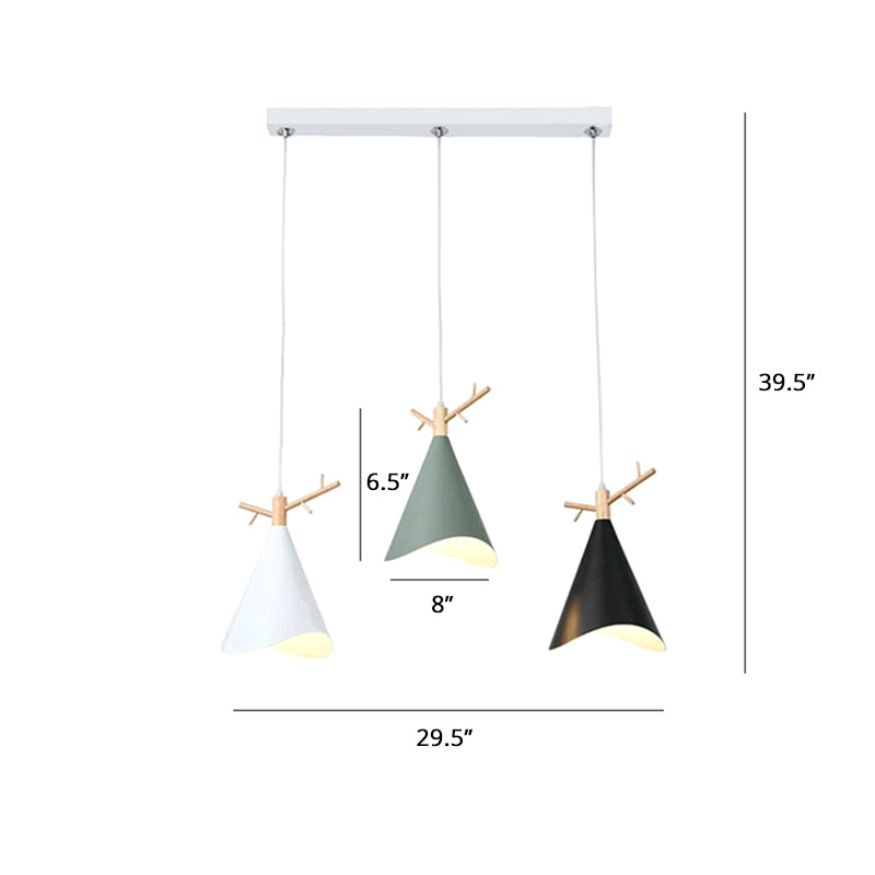 Nordic Metal Conical Multi-Ceiling Light With 3 Bulbs - White-Wood Drop Pendant Wavy Edge And Antler