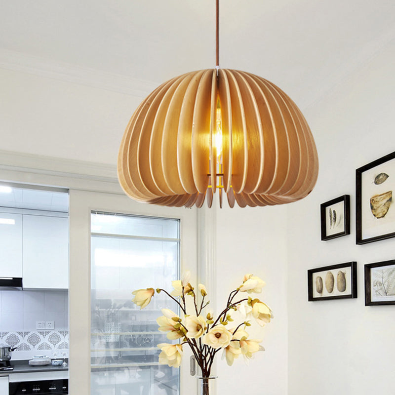 Asian Wooden Slat Hanging Lamp: Hemispherical Ceiling Light In Beige - 1 Bulb Restaurant Lighting