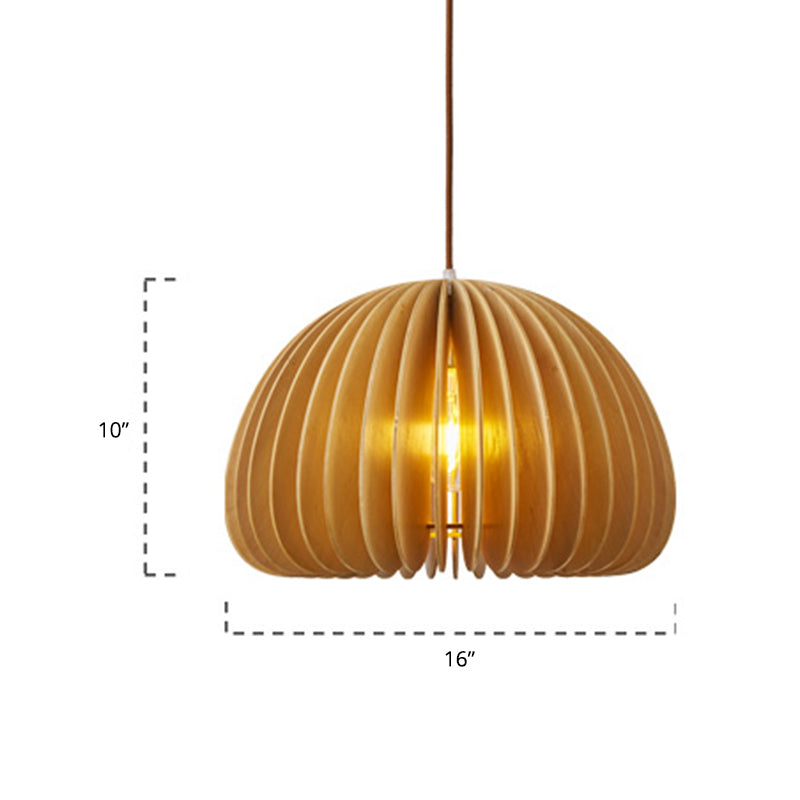 Asian Wooden Slat Hanging Lamp: Hemispherical Ceiling Light In Beige - 1 Bulb Restaurant Lighting