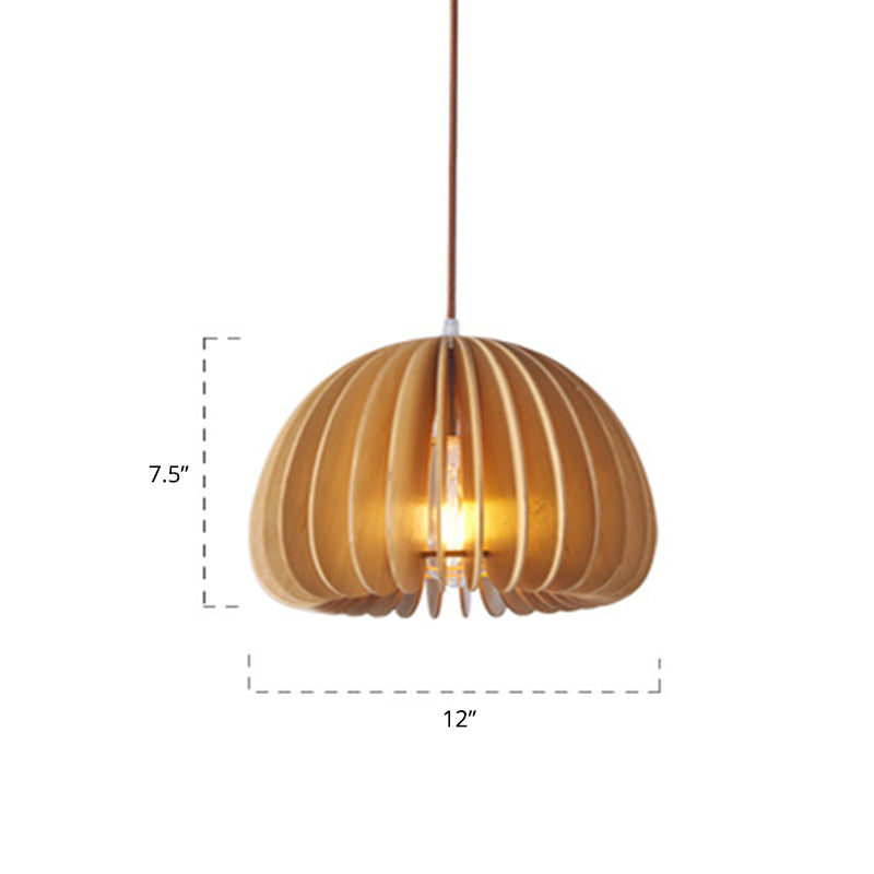 Asian Wooden Slat Hanging Lamp: Hemispherical Ceiling Light In Beige - 1 Bulb Restaurant Lighting