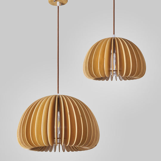 Asian Wooden Slat Hanging Lamp: Hemispherical Ceiling Light In Beige - 1 Bulb Restaurant Lighting