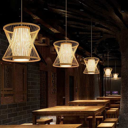 Nordic Bamboo Pendant Lighting: Symmetric Cage 1 Bulb Beige - Ideal For Restaurants