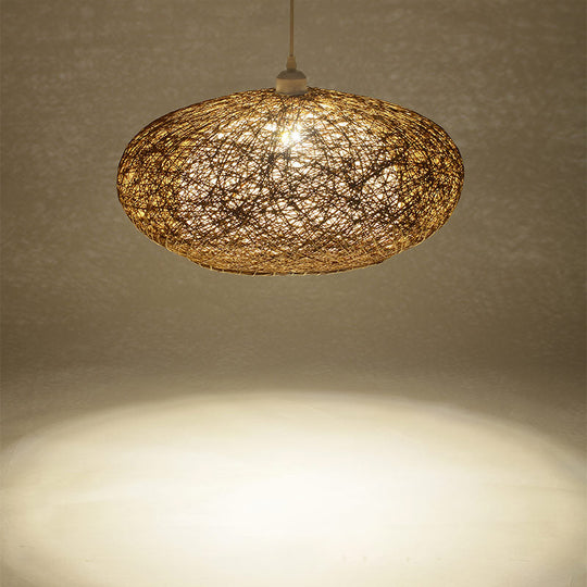 Modern Round Rattan Pendant Lamp In Dark Tan - Minimalist Tearoom Ceiling Light