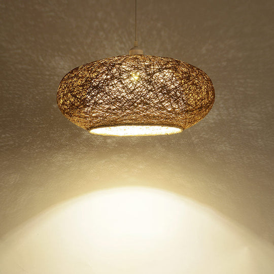 Modern Round Rattan Pendant Lamp In Dark Tan - Minimalist Tearoom Ceiling Light Deep