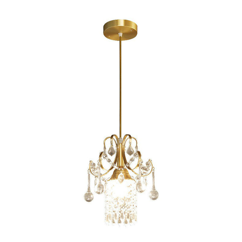 Gold Crystal Fringe Pendant Light - Traditional 1-Light Suspension For Dining Room