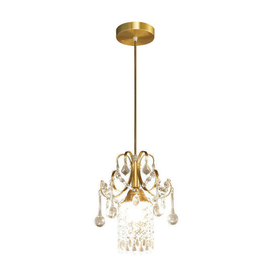 Gold Crystal Fringe Pendant Light - Traditional 1-Light Suspension For Dining Room