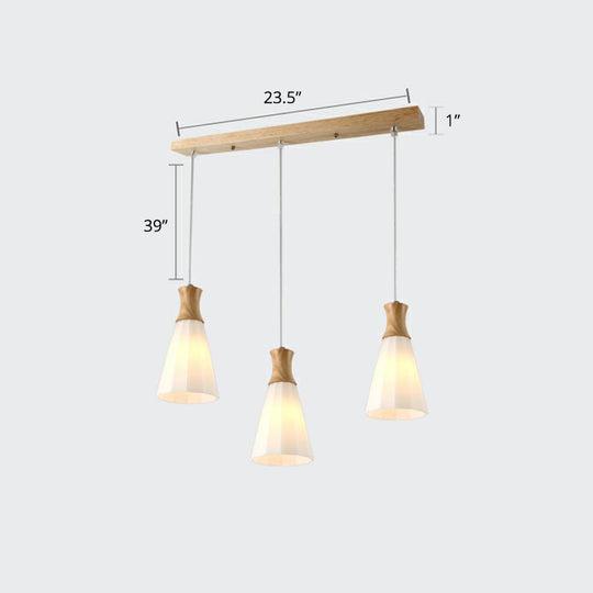 Nordic Opal Frosted Glass Conical Ceiling Light With Wood Accents - 3-Bulb Pendant For Dining Room