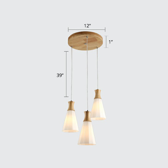 Nordic Opal Frosted Glass Conical Ceiling Light With Wood Accents - 3-Bulb Pendant For Dining Room