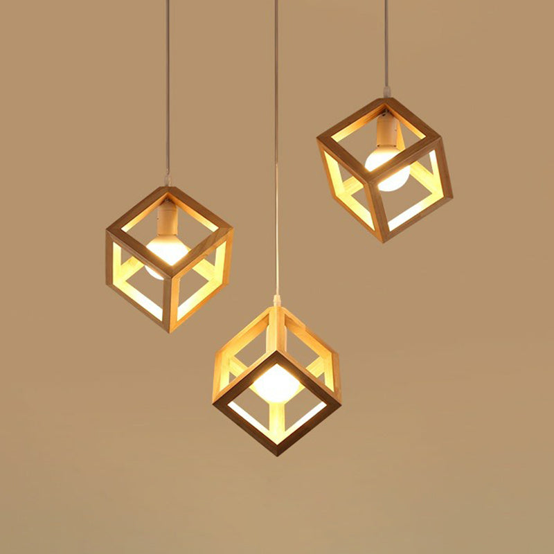 Contemporary Wood Cube Cluster Pendant Light For Dining Room: 3-Head Suspension